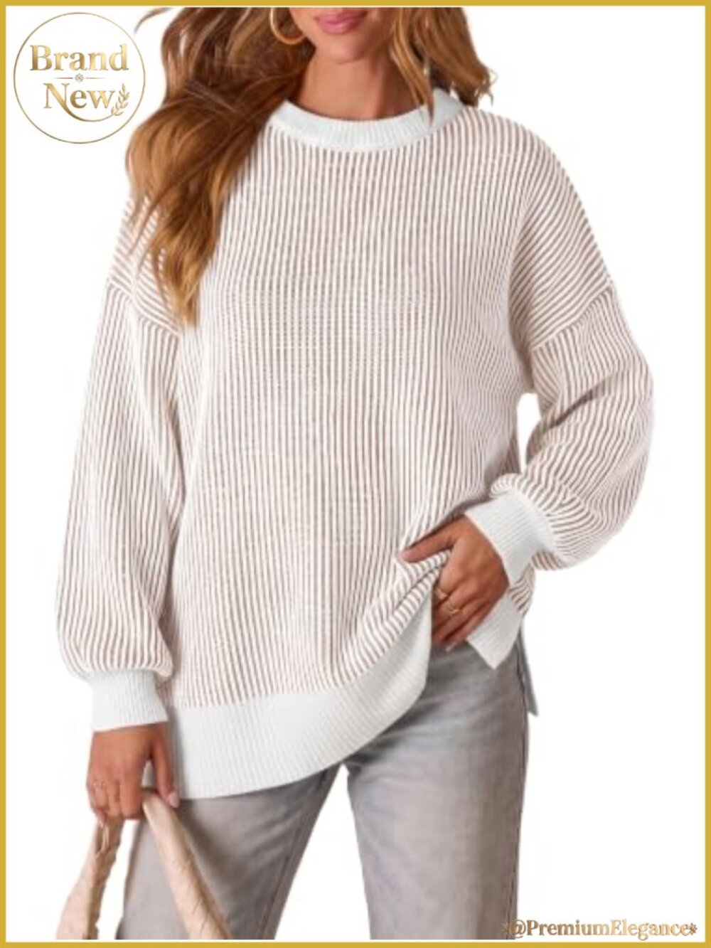 Oversized Striped Knit Sweater, Viscose Blend, Crew Neck Batwing Sleeve, Casual